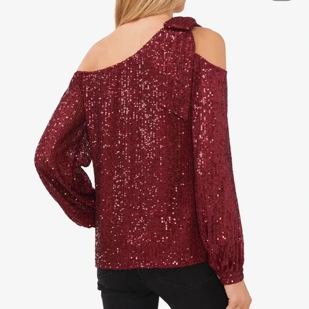 CeCe Red Wine Sequin Size Small EUC Holiday One Shoulder Top - Picture 2 of 3